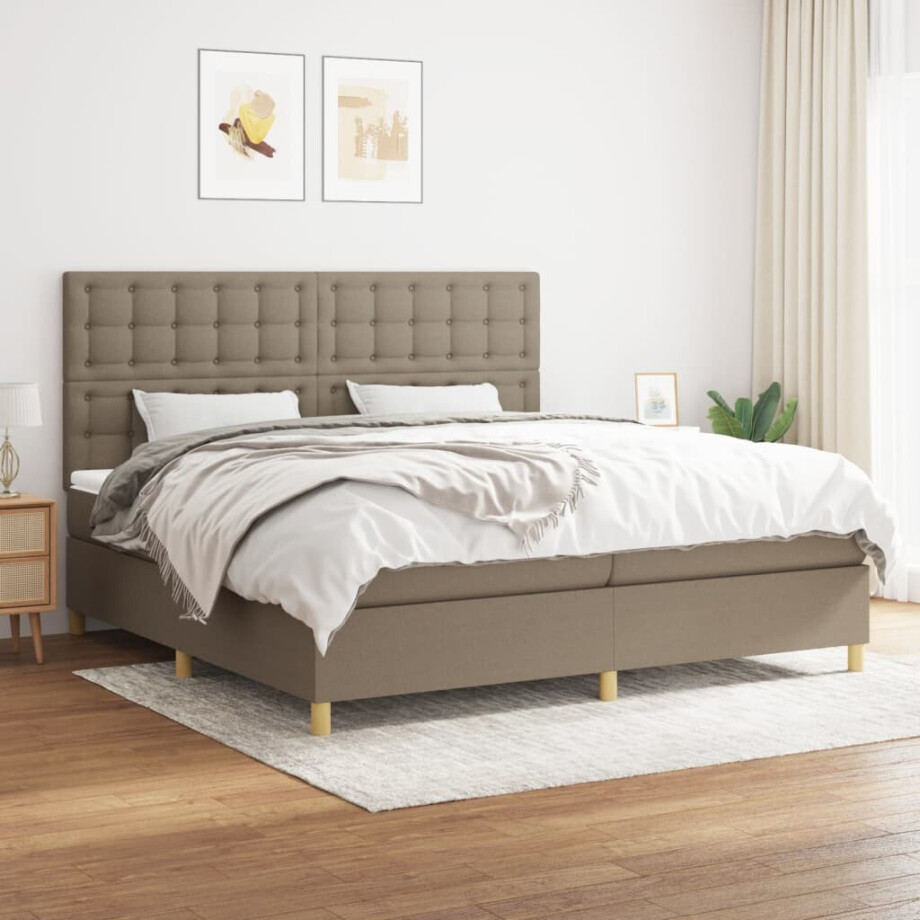 vidaXL Boxspring met matras stof taupe 200x200 cm afbeelding 1