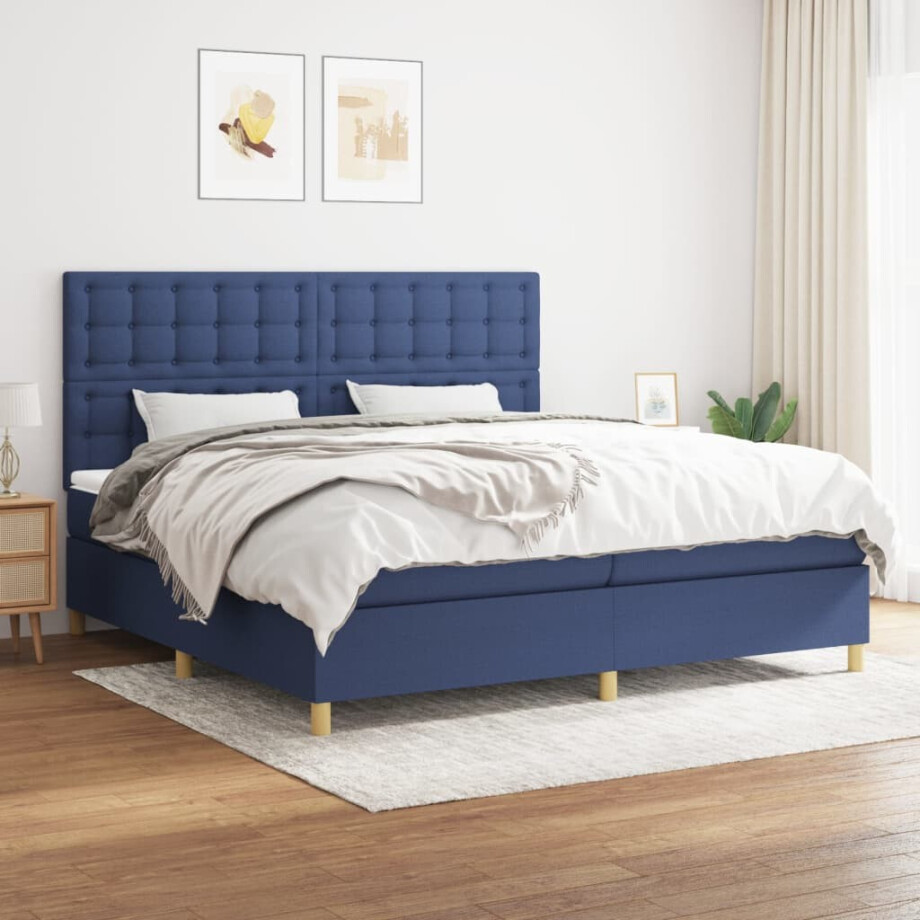 vidaXL Boxspring met matras stof blauw 200x200 cm afbeelding 1