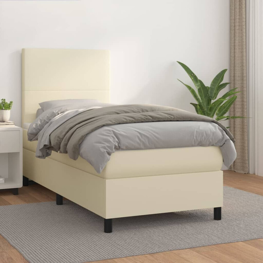 vidaXL Boxspring met matras kunstleer crèmekleurig 100x200 cm afbeelding 1