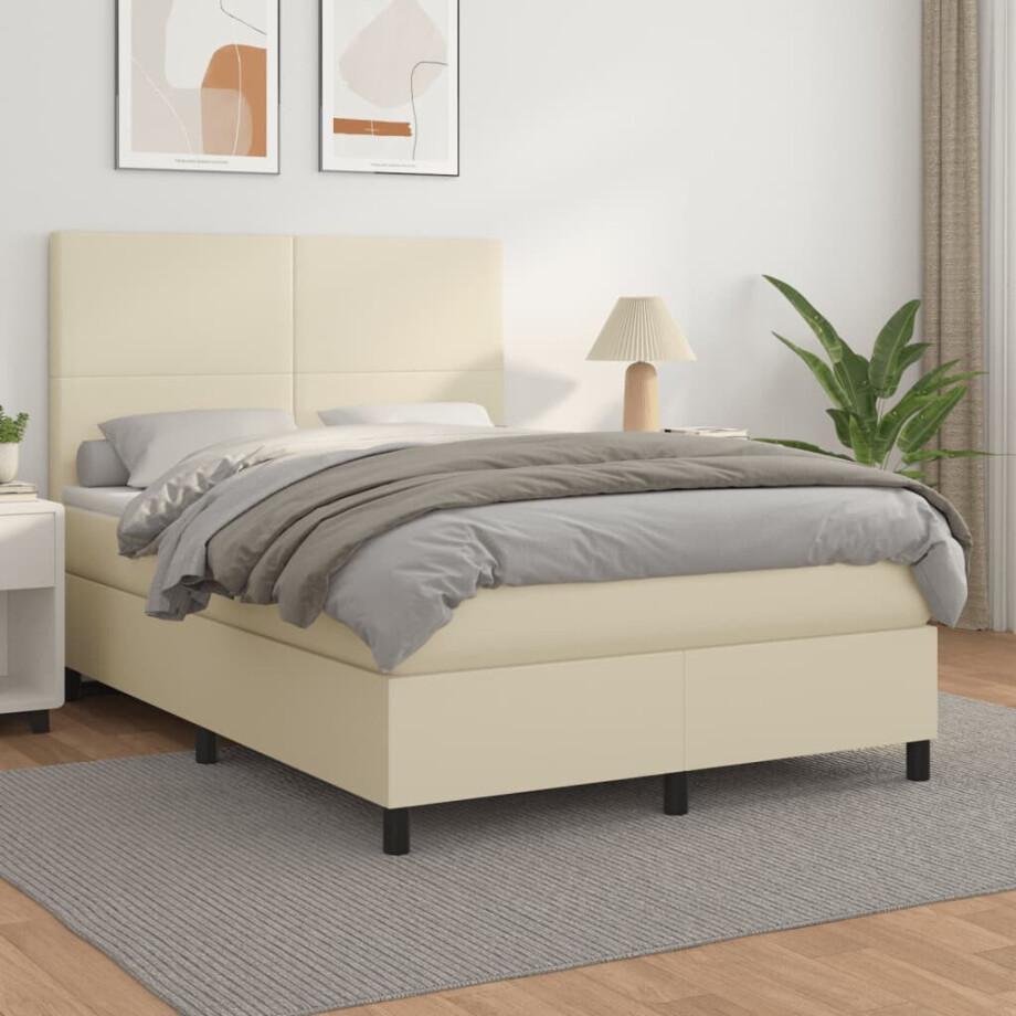 vidaXL Boxspring met matras kunstleer crèmekleurig 140x190 cm afbeelding 1