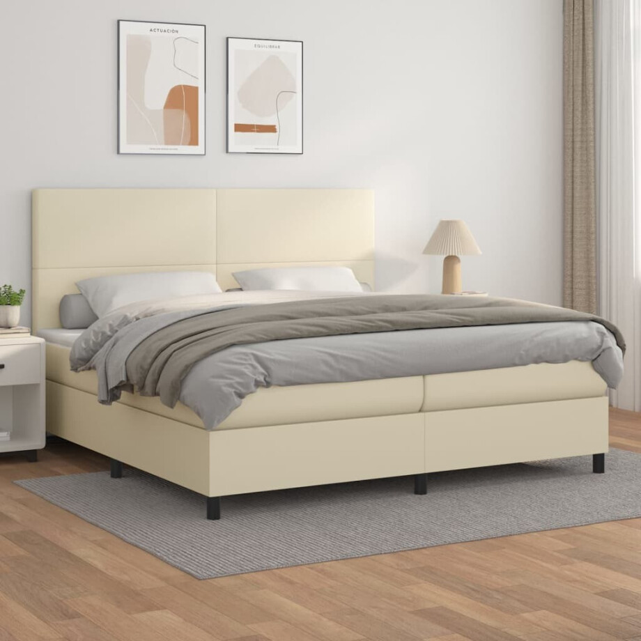 vidaXL Boxspring met matras kunstleer crèmekleurig 200x200 cm afbeelding 1