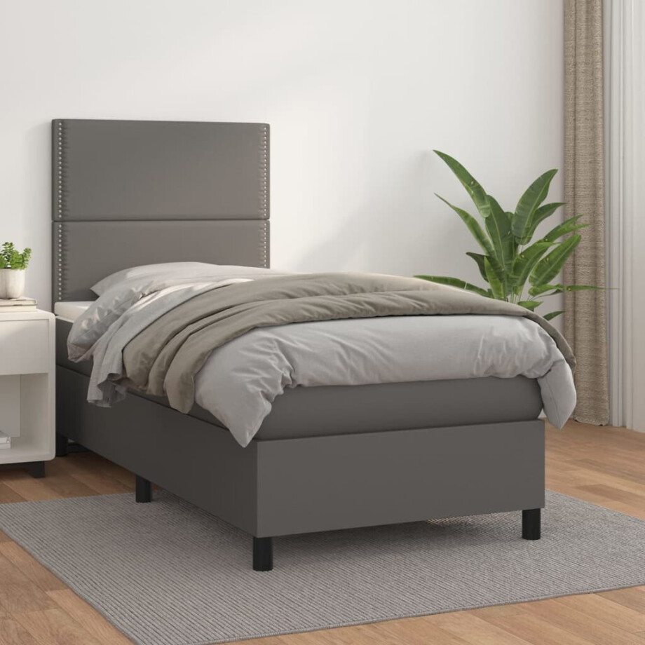 vidaXL Boxspring met matras kunstleer grijs 90x200 cm afbeelding 1
