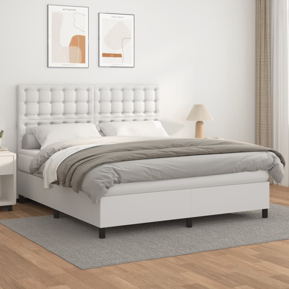 vidaXL Boxspring met matras kunstleer wit 160x200 cm vidaXL Boxspring met matras kunstleer wit 160x200 cm afbeelding 1