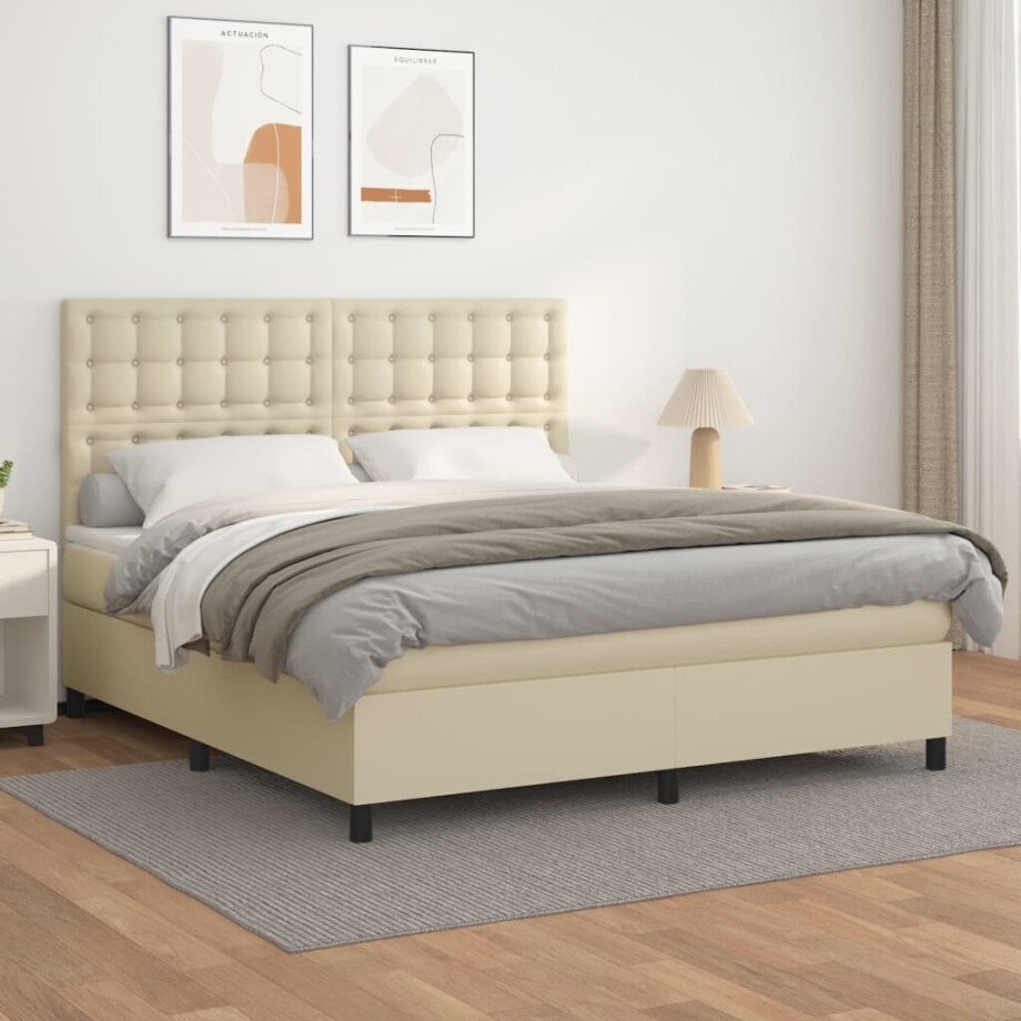 vidaXL Boxspring met matras kunstleer crèmekleurig 180x200 cm vidaXL Boxspring met matras kunstleer crèmekleurig 180x200 cm afbeelding 1