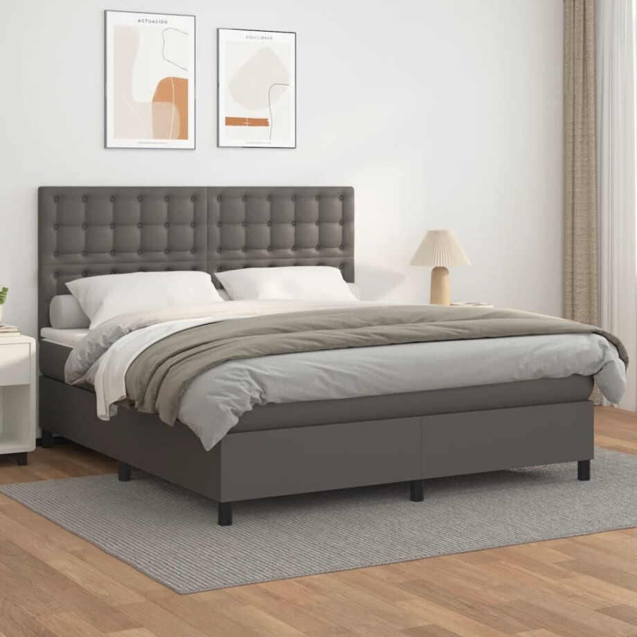 vidaXL Boxspring met matras kunstleer grijs 180x200 cm vidaXL Boxspring met matras kunstleer grijs 180x200 cm afbeelding 1