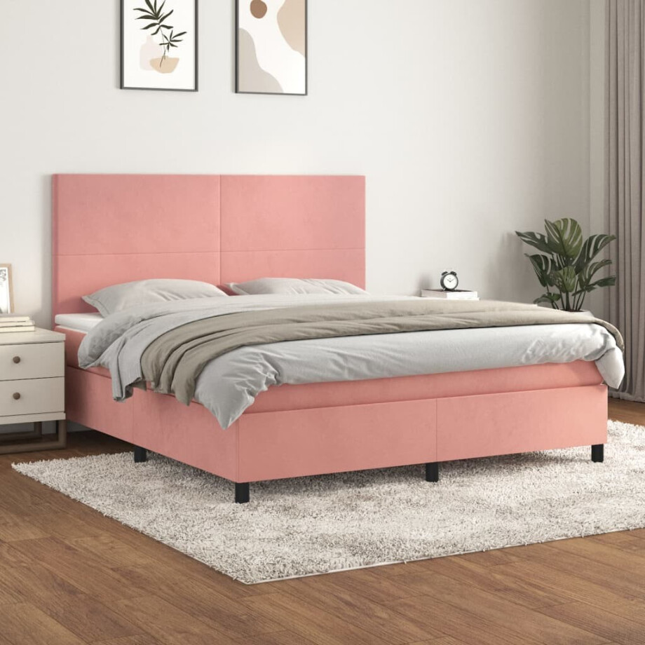 vidaXL Boxspring met matras fluweel roze 160x200 cm afbeelding 1