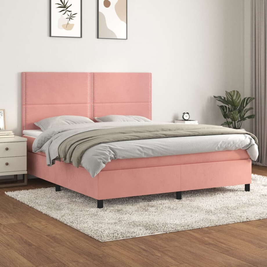 vidaXL Boxspring met matras fluweel roze 160x200 cm afbeelding 1