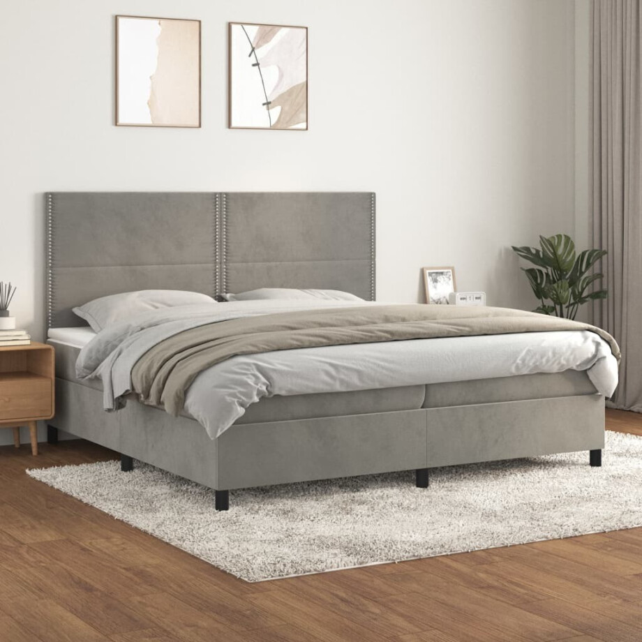 vidaXL Boxspring met matras fluweel lichtgrijs 200x200 cm afbeelding 1
