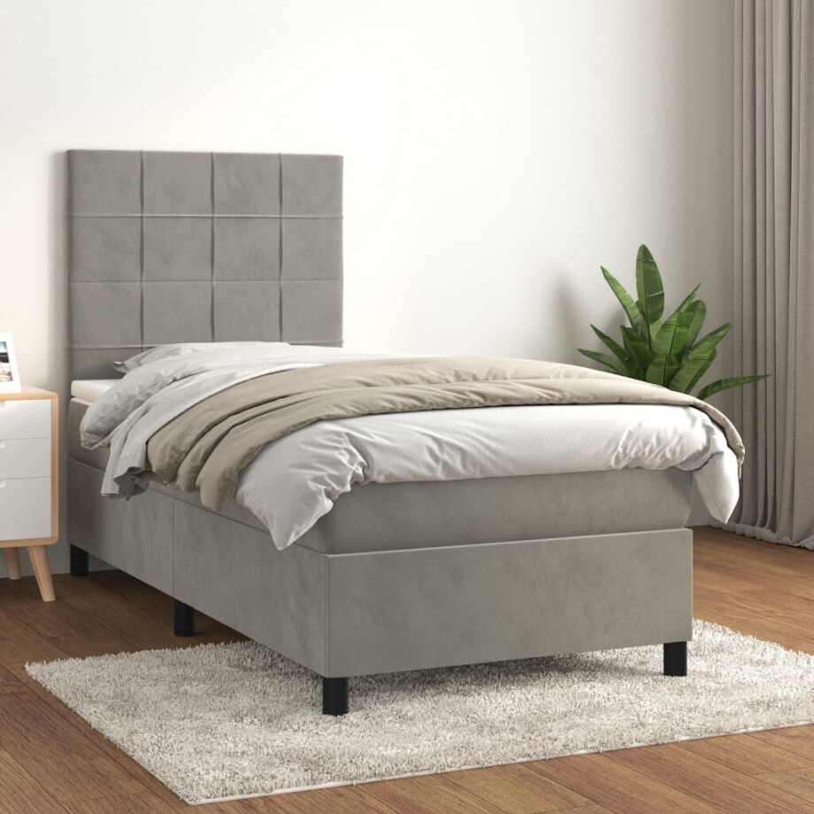 vidaXL Boxspring met matras fluweel lichtgrijs 90x190 cm vidaXL Boxspring met matras fluweel lichtgrijs 90x190 cm afbeelding 1