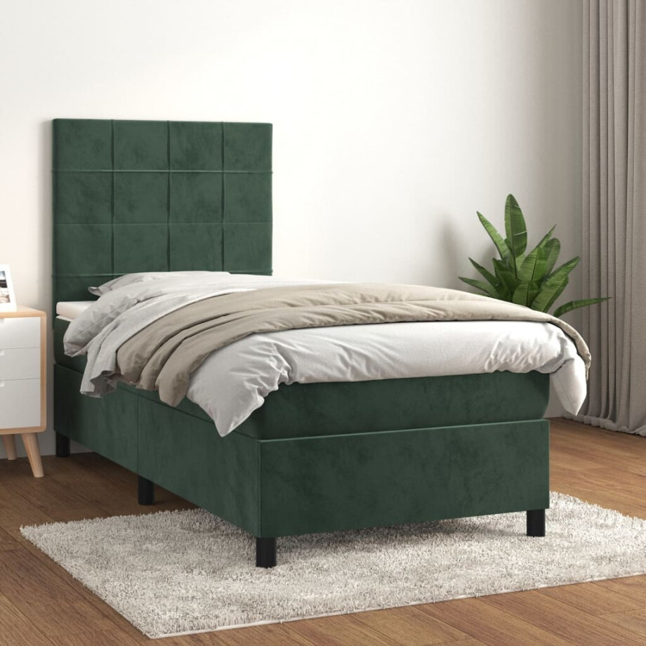 vidaXL Boxspring met matras fluweel donkergroen 90x190 cm afbeelding 1