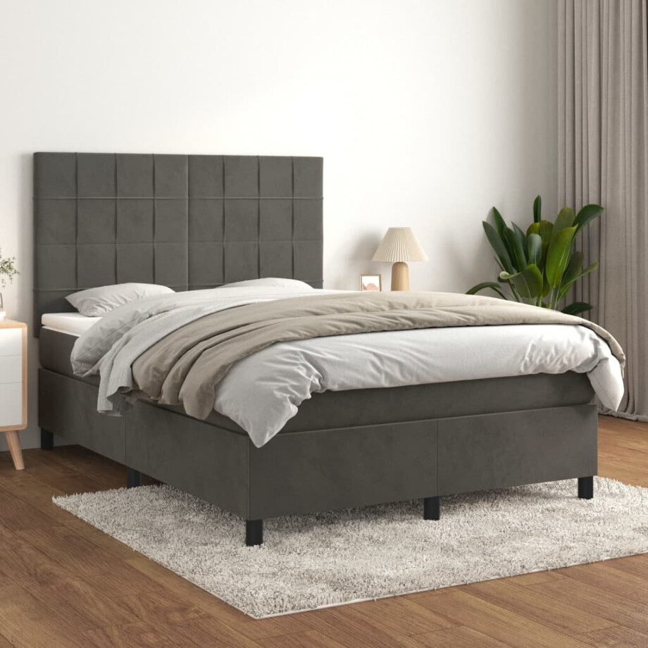 vidaXL Boxspring met matras fluweel donkergrijs 140x200 cm vidaXL Boxspring met matras fluweel donkergrijs 140x200 cm afbeelding 1