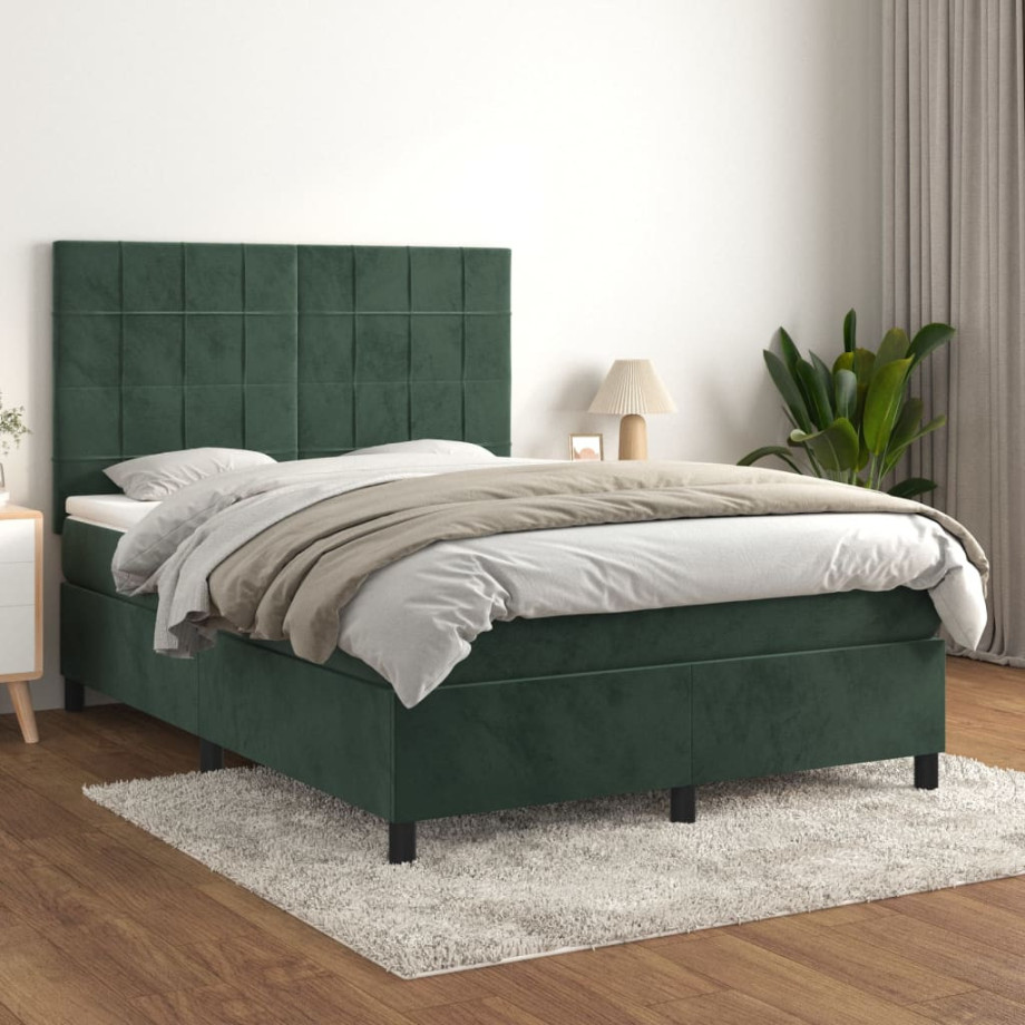 vidaXL Boxspring met matras fluweel donkergroen 140x200 cm afbeelding 1