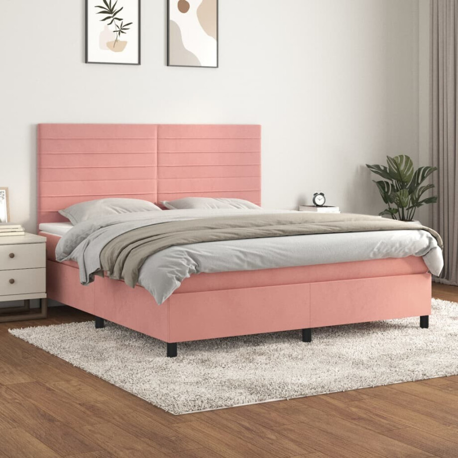 vidaXL Boxspring met matras fluweel roze 160x200 cm afbeelding 1