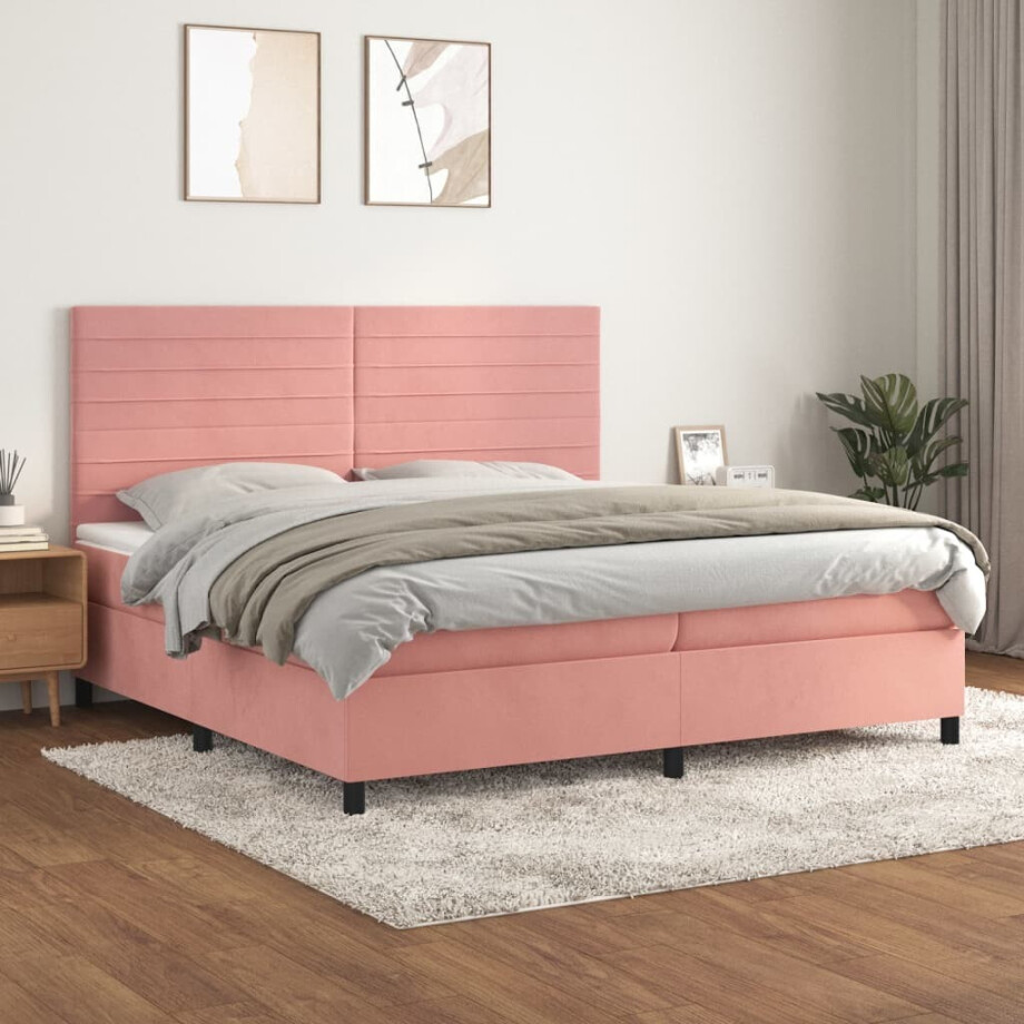 vidaXL Boxspring met matras fluweel roze 200x200 cm afbeelding 1