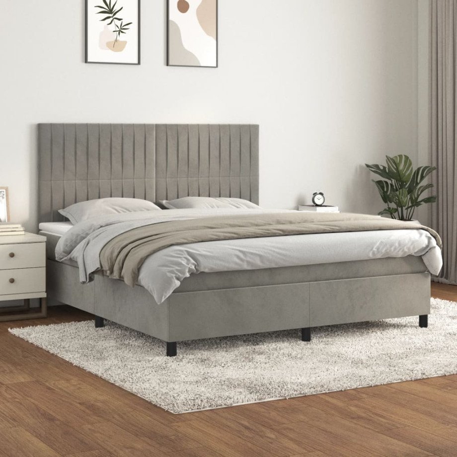 vidaXL Boxspring met matras fluweel lichtgrijs 180x200 cm afbeelding 1