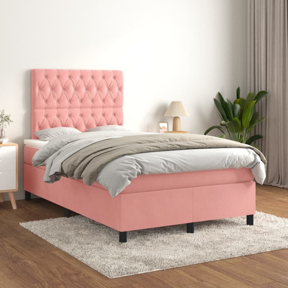 vidaXL Boxspring met matras fluweel roze 120x200 cm afbeelding 1