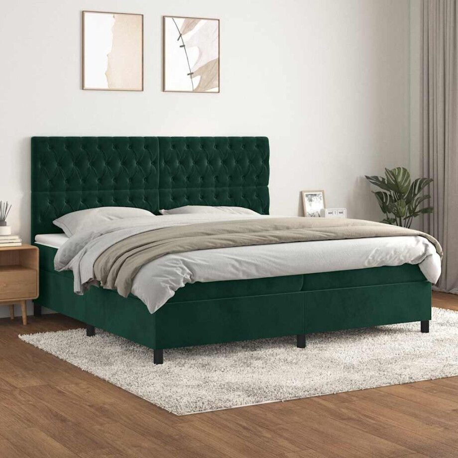 vidaXL Boxspring met matras fluweel donkergroen 200x200 cm afbeelding 1