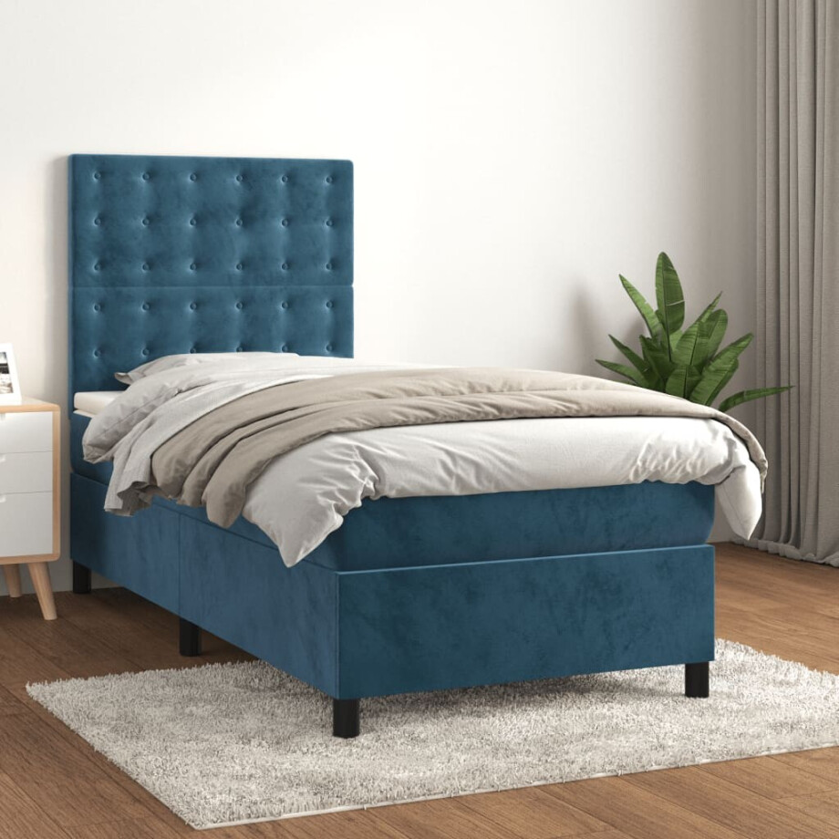 vidaXL Boxspring met matras fluweel donkerblauw 90x190 cm vidaXL Boxspring met matras fluweel donkerblauw 90x190 cm afbeelding 1