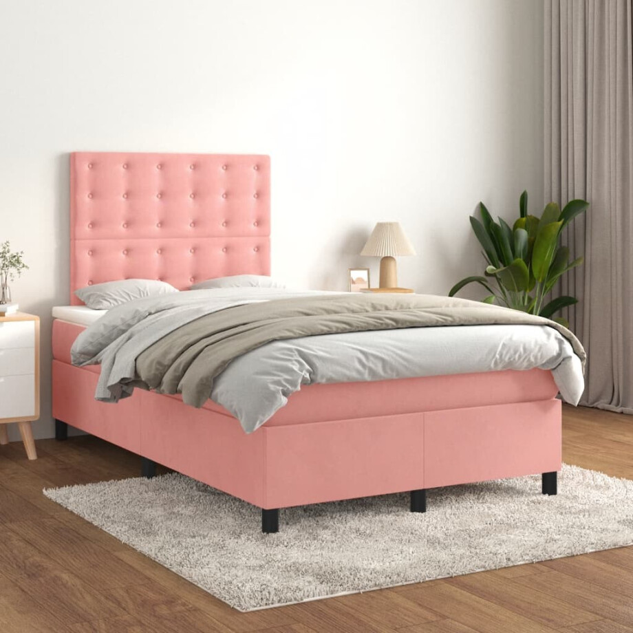 vidaXL Boxspring met matras fluweel roze 120x200 cm afbeelding 1