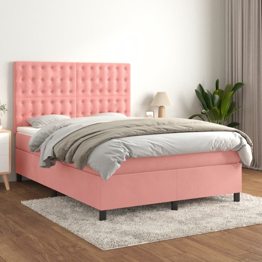 vidaXL Boxspring met matras fluweel roze 140x200 cm afbeelding 1