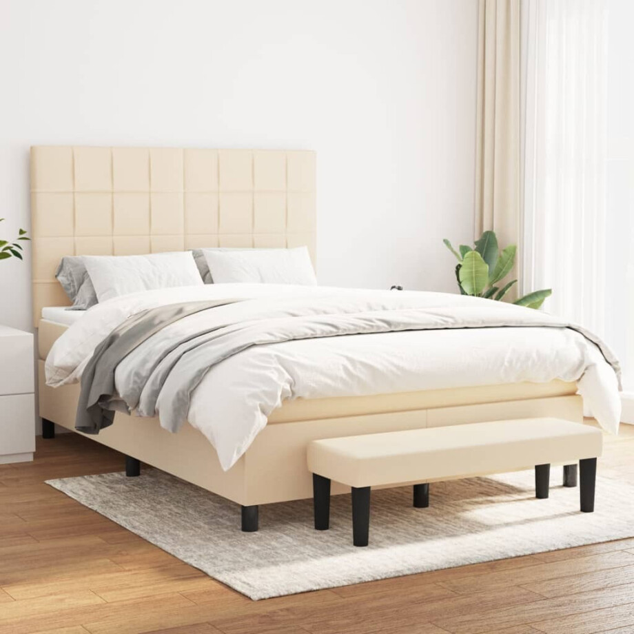 vidaXL Boxspring met matras stof crèmekleurig 140x190 cm afbeelding 1