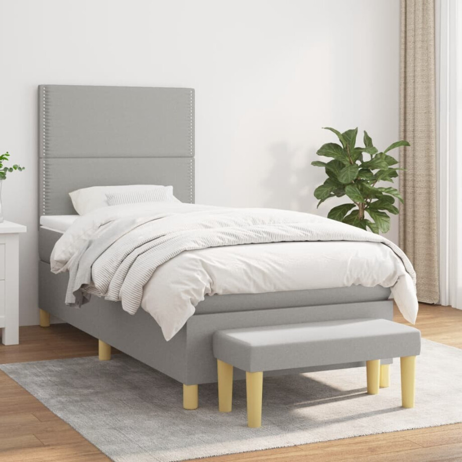 vidaXL Boxspring met matras stof lichtgrijs 90x200 cm afbeelding 1