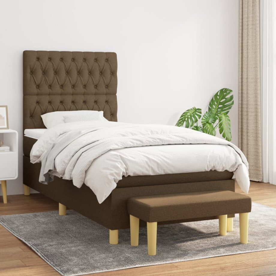 vidaXL Boxspring met matras stof donkerbruin 90x200 cm vidaXL Boxspring met matras stof donkerbruin 90x200 cm afbeelding 1
