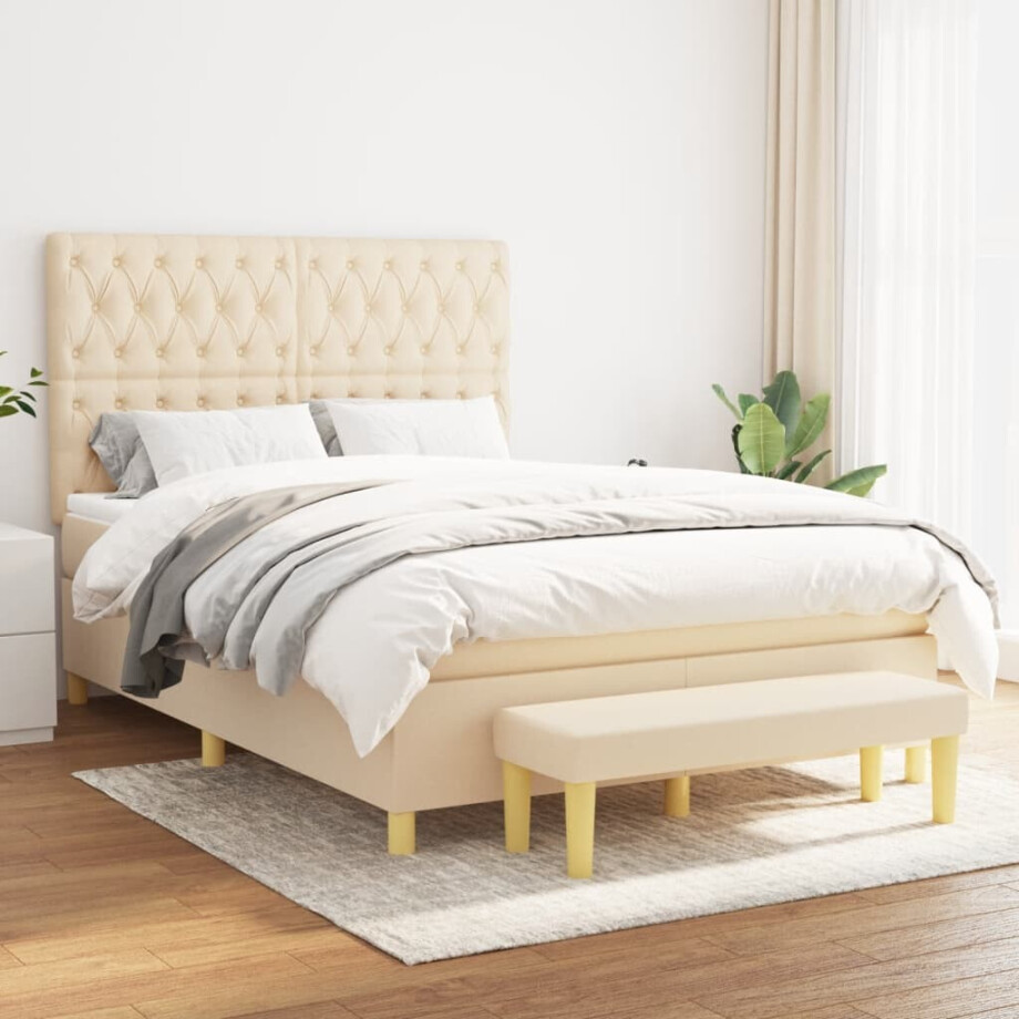 vidaXL Boxspring met matras stof crèmekleurig 140x190 cm vidaXL Boxspring met matras stof crèmekleurig 140x190 cm afbeelding 1