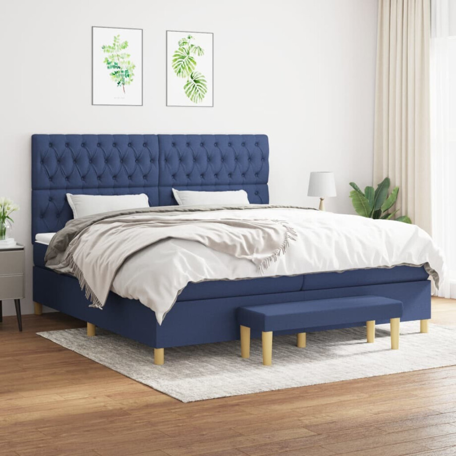 vidaXL Boxspring met matras stof blauw 200x200 cm afbeelding 1