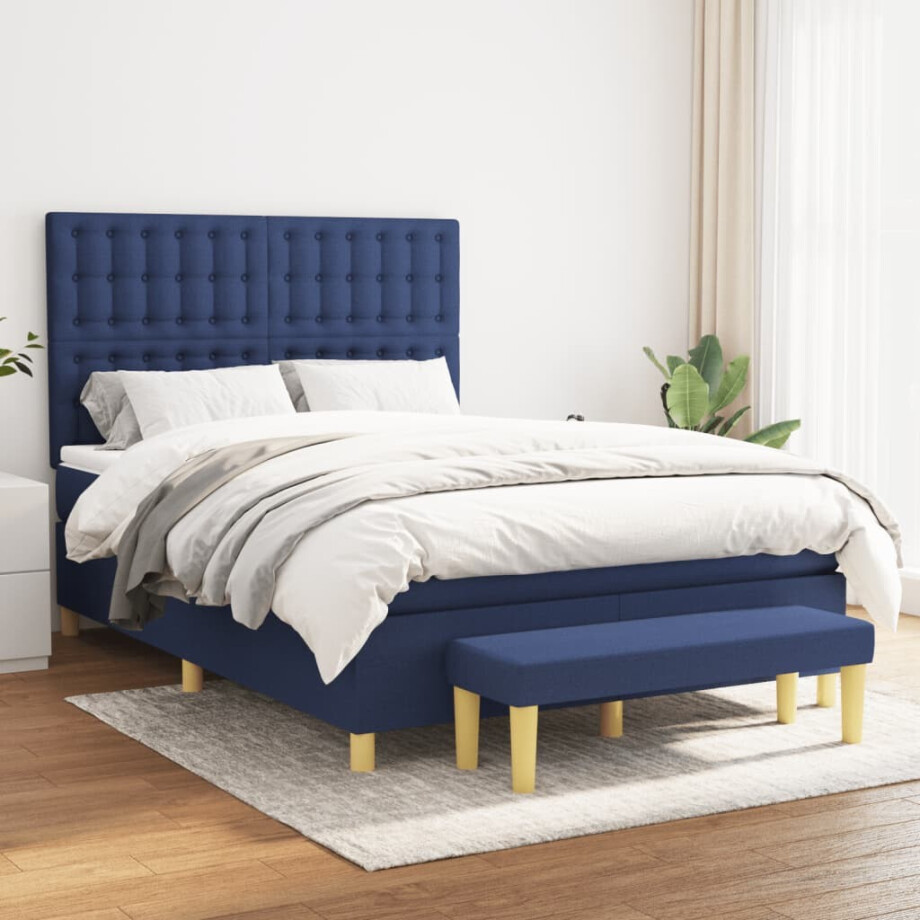 vidaXL Boxspring met matras stof blauw 140x190 cm afbeelding 1