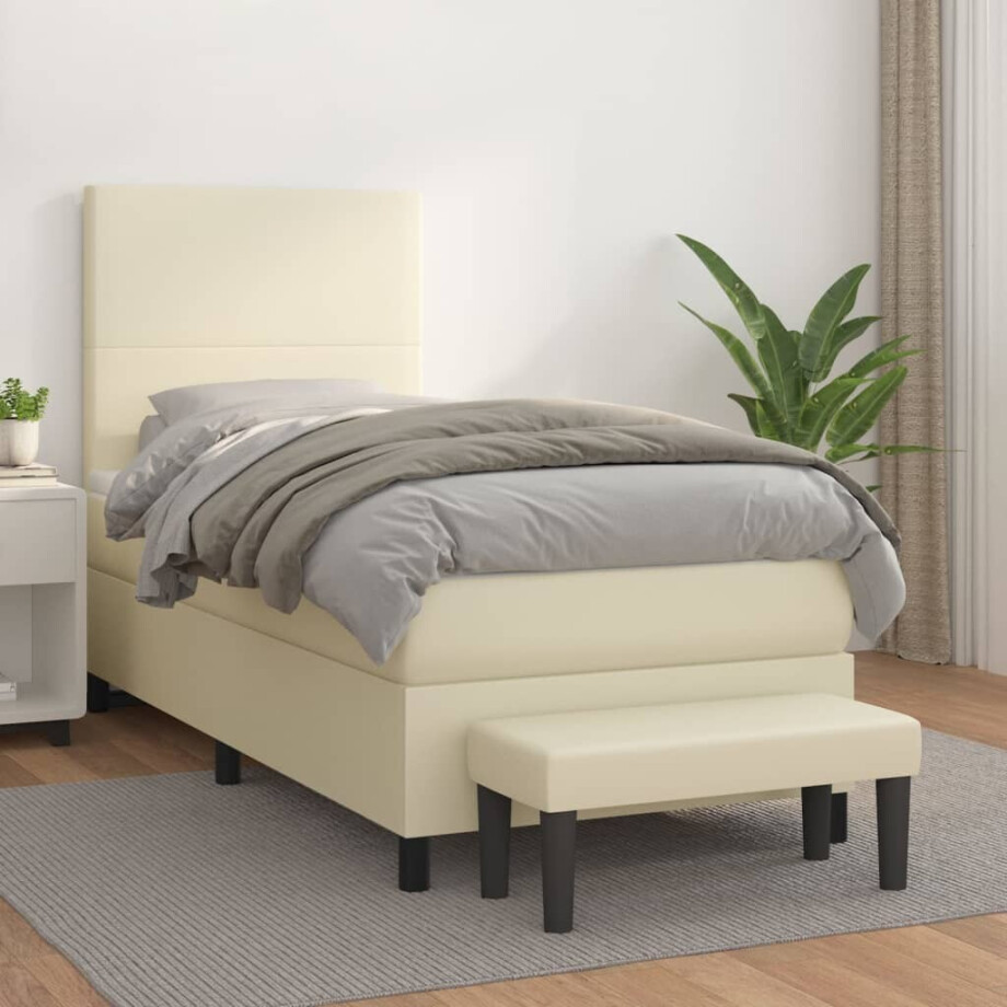 vidaXL Boxspring met matras kunstleer crèmekleurig 100x200 cm afbeelding 1
