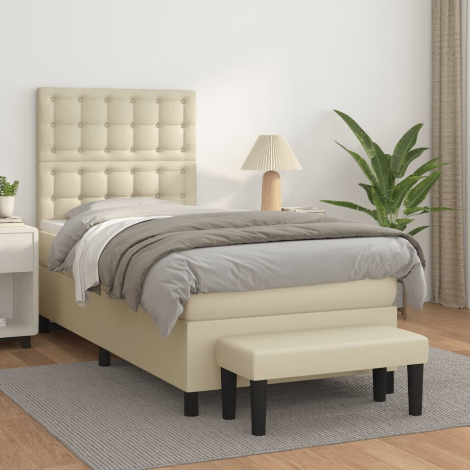 vidaXL Boxspring met matras kunstleer crèmekleurig 100x200 cm afbeelding 1