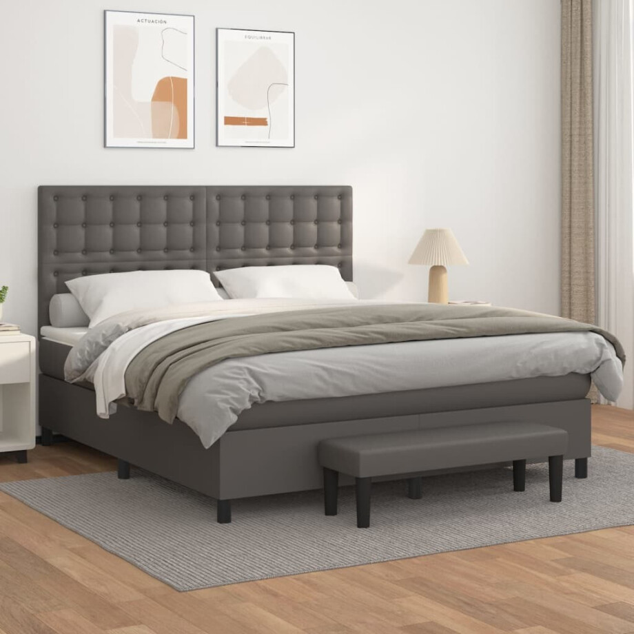 vidaXL Boxspring met matras kunstleer grijs 180x200 cm vidaXL Boxspring met matras kunstleer grijs 180x200 cm afbeelding 1