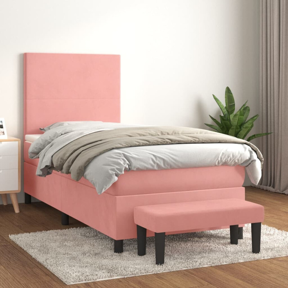 vidaXL Boxspring met matras fluweel roze 100x200 cm afbeelding 1