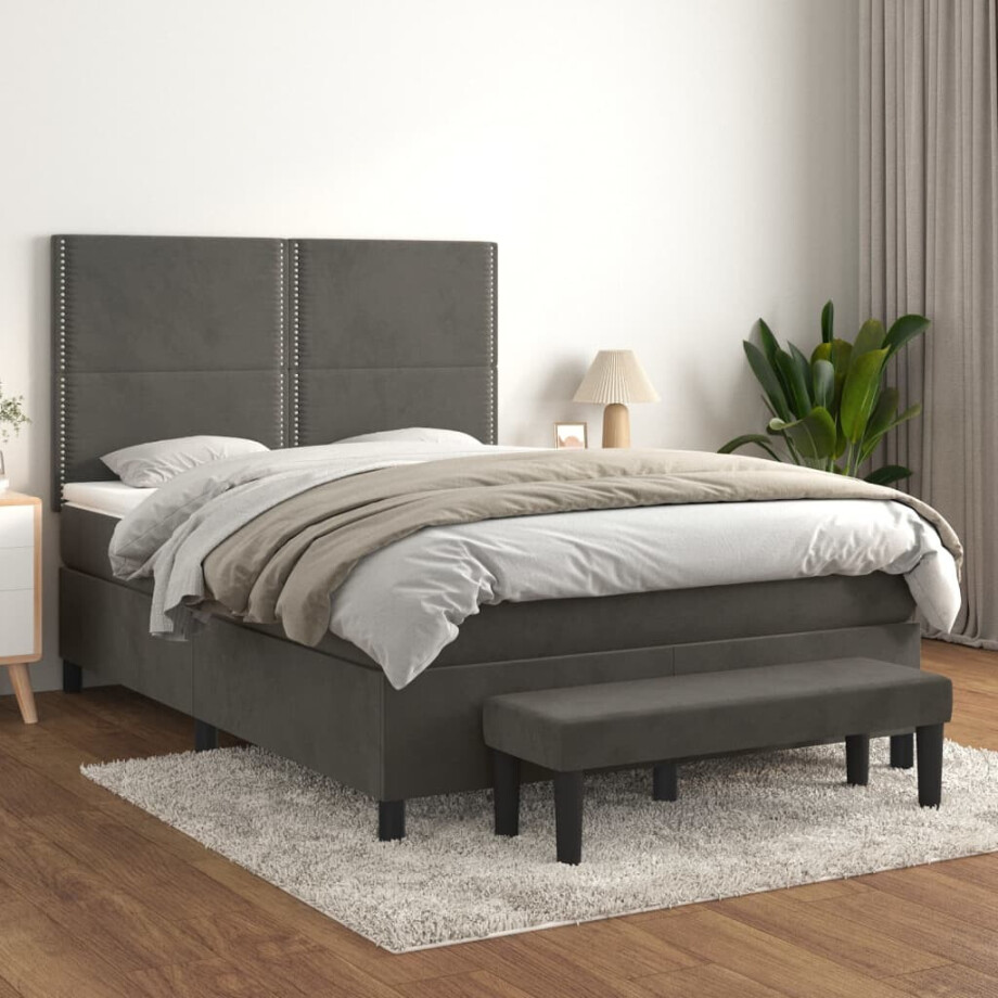 vidaXL Boxspring met matras fluweel donkergrijs 140x200 cm vidaXL Boxspring met matras fluweel donkergrijs 140x200 cm afbeelding 1