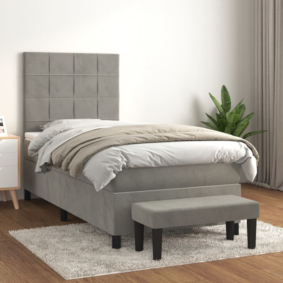 vidaXL Boxspring met matras fluweel lichtgrijs 90x200 cm vidaXL Boxspring met matras fluweel lichtgrijs 90x200 cm afbeelding 1