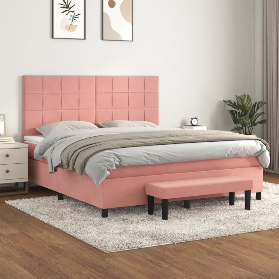 vidaXL Boxspring met matras fluweel roze 180x200 cm afbeelding 1
