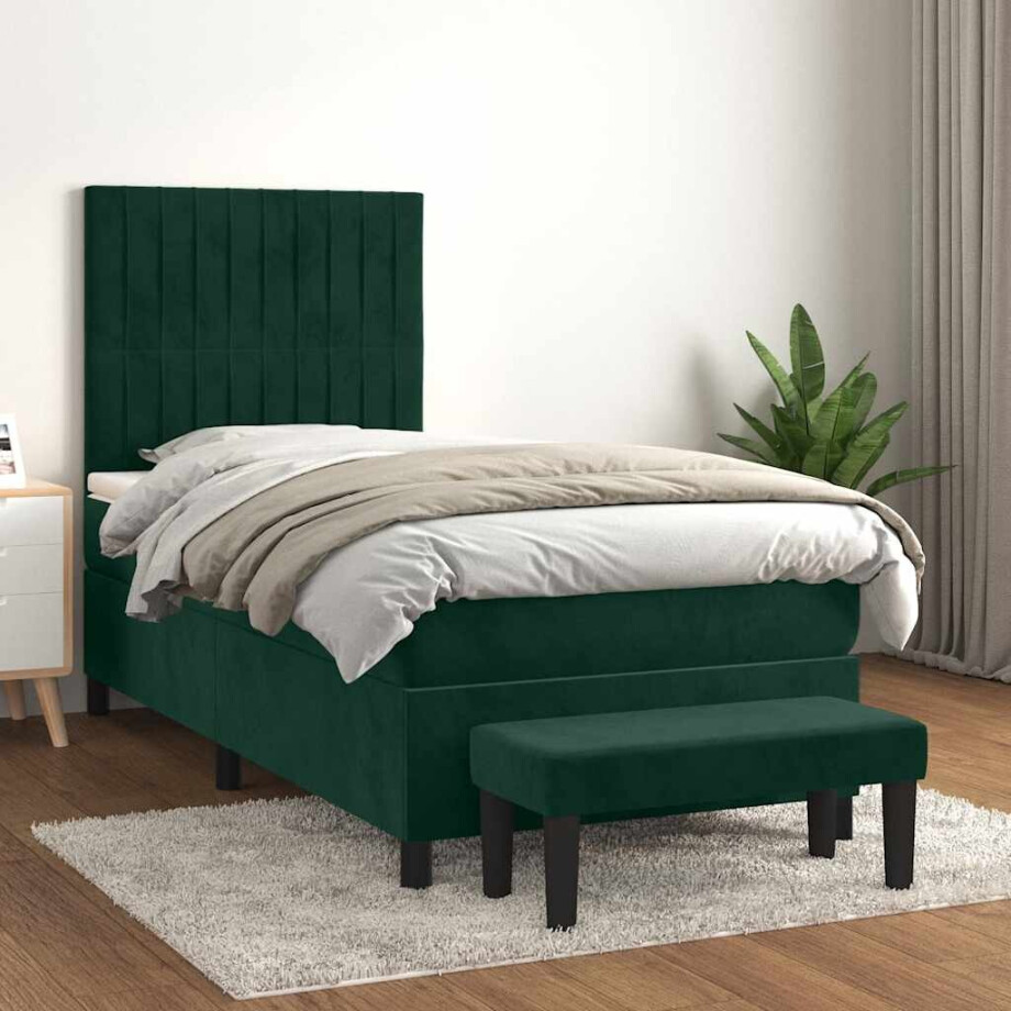 vidaXL Boxspring met matras fluweel donkergroen 100x200 cm afbeelding 1