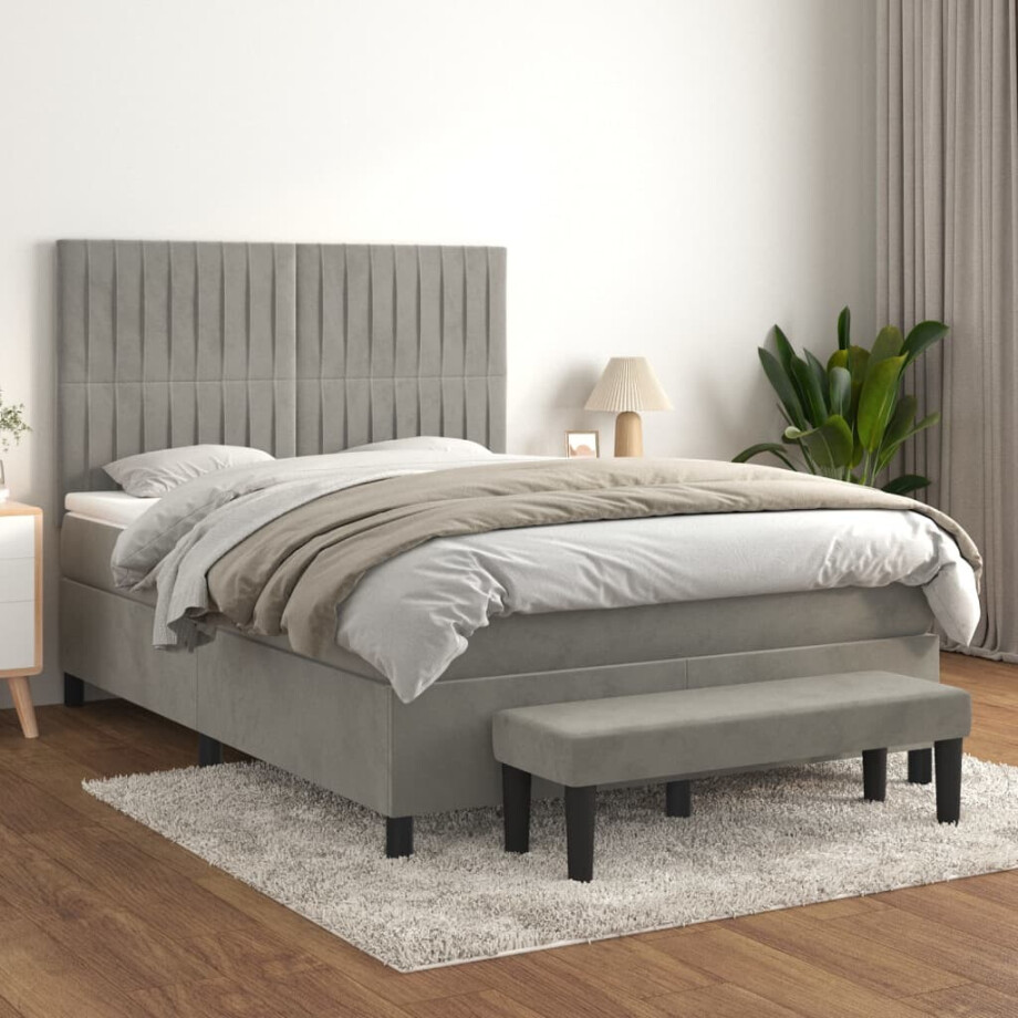 vidaXL Boxspring met matras fluweel lichtgrijs 140x200 cm afbeelding 1