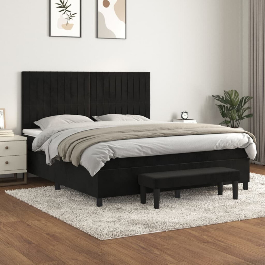vidaXL Boxspring met matras fluweel zwart 180x200 cm afbeelding 1