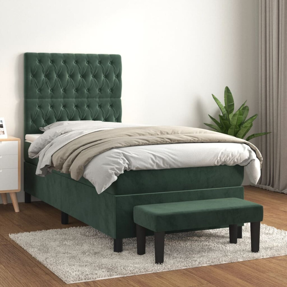 vidaXL Boxspring met matras fluweel donkergroen 90x200 cm afbeelding 1