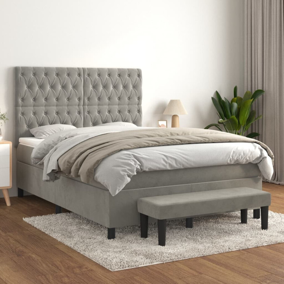 vidaXL Boxspring met matras fluweel lichtgrijs 140x200 cm afbeelding 1