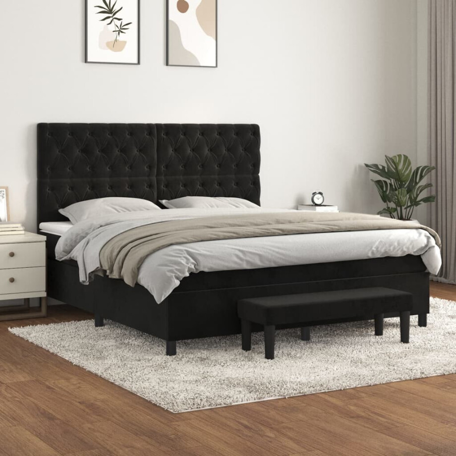 vidaXL Boxspring met matras fluweel zwart 160x200 cm afbeelding 1