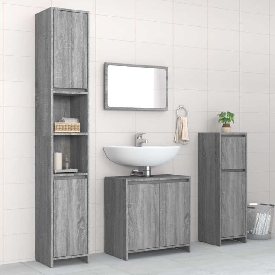 vidaXL 4-delige Badkamermeubelset bewerkt hout grijs sonoma eikenkleur vidaXL 4-delige Badkamermeubelset bewerkt hout grijs sonoma eikenkleur afbeelding 1