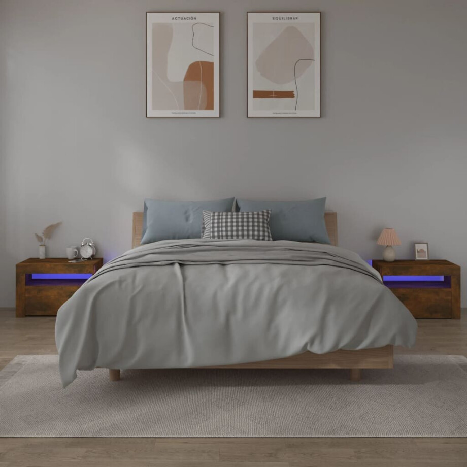 vidaXL Nachtkastjes 2 st met LED-verlichting 60x35x40 cm gerookt eiken vidaXL Nachtkastjes 2 st met LED-verlichting 60x35x40 cm gerookt eiken afbeelding 1