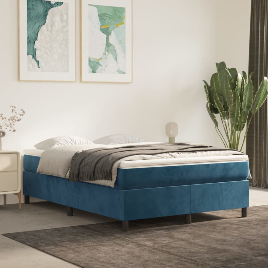 vidaXL Boxspring met matras fluweel donkerblauw 140x200 cm afbeelding 1