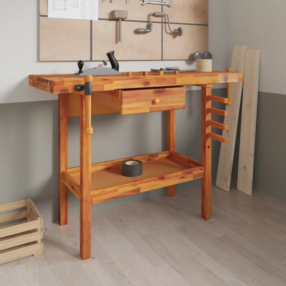 vidaXL Werkbank met lade en bankschroeven 124x52x83 cm massief acaciahout vidaXL Werkbank met lade en bankschroeven 124x52x83 cm massief acaciahout afbeelding 1
