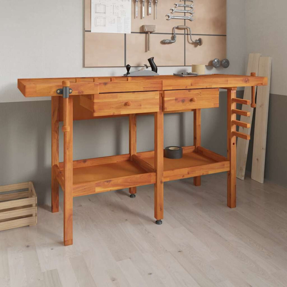 vidaXL Werkbank met lades en bankschroeven 162x62x83 cm acaciahout afbeelding 1