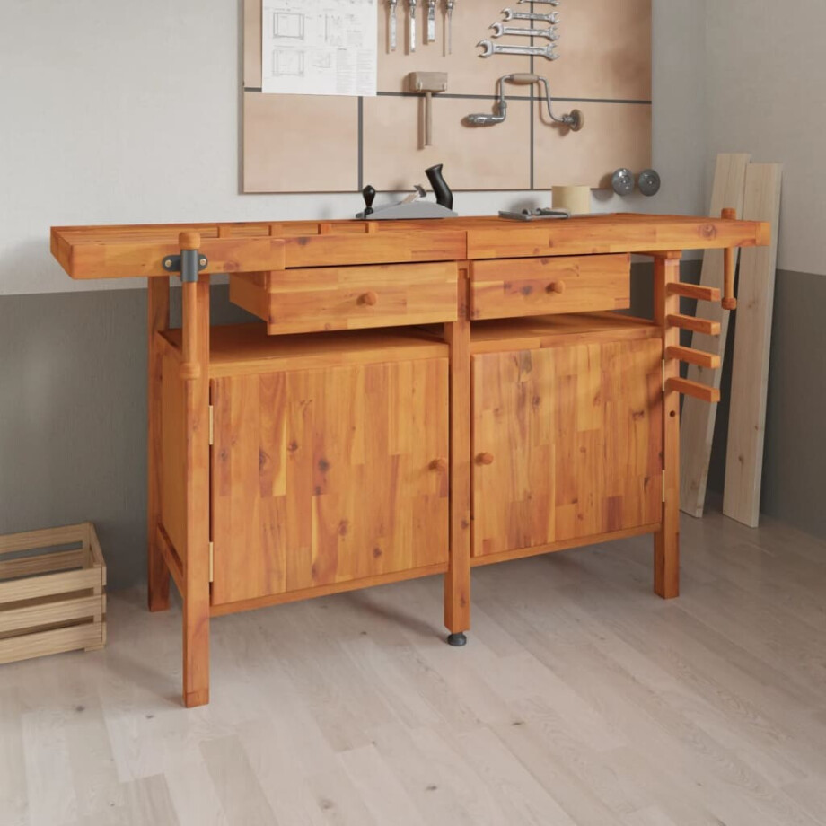 vidaXL Werkbank met lades en bankschroeven 162x62x83 cm acaciahout afbeelding 1