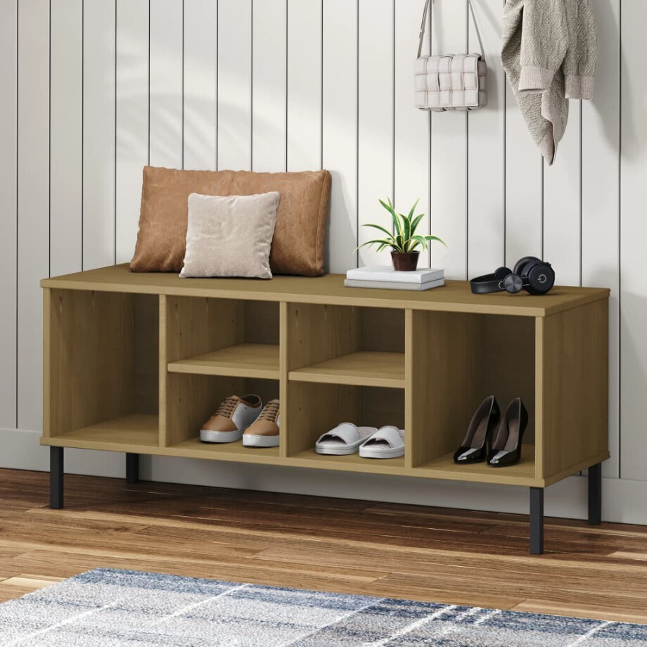 vidaXL Schoenenrek met metalen poten OSLO 106x35x45cm grenenhout bruin vidaXL Schoenenrek met metalen poten OSLO 106x35x45cm grenenhout bruin afbeelding 1